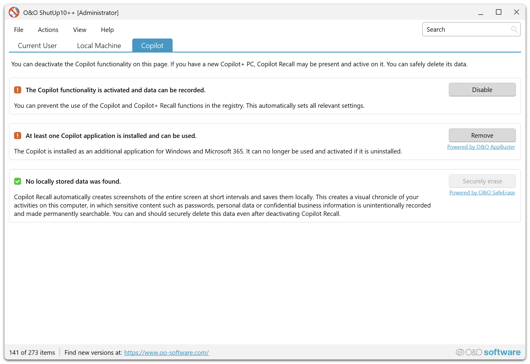 O&O ShutUp10++ Copilot and AI privacy controls