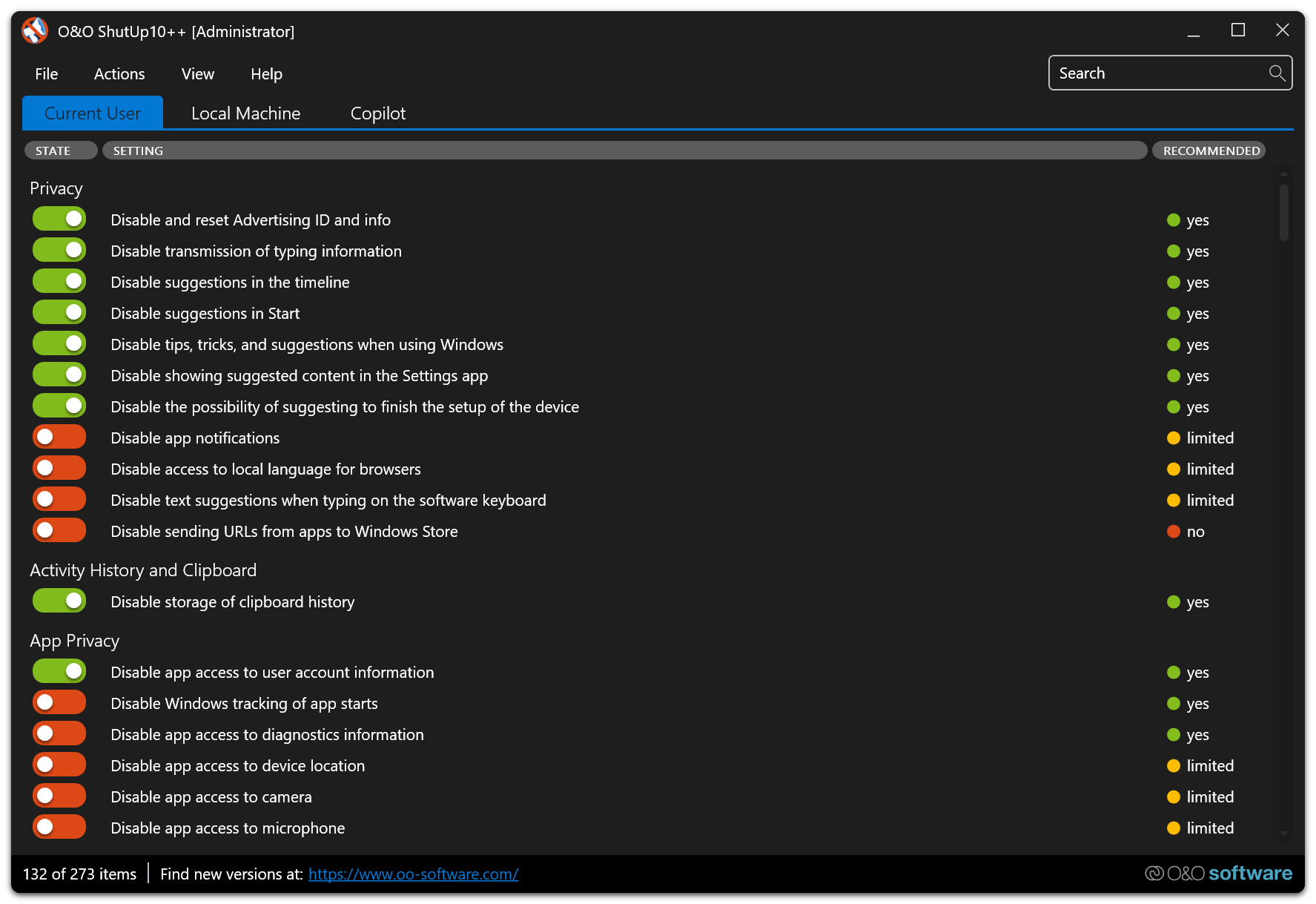 O&O ShutUp10++ dark mode interface theme