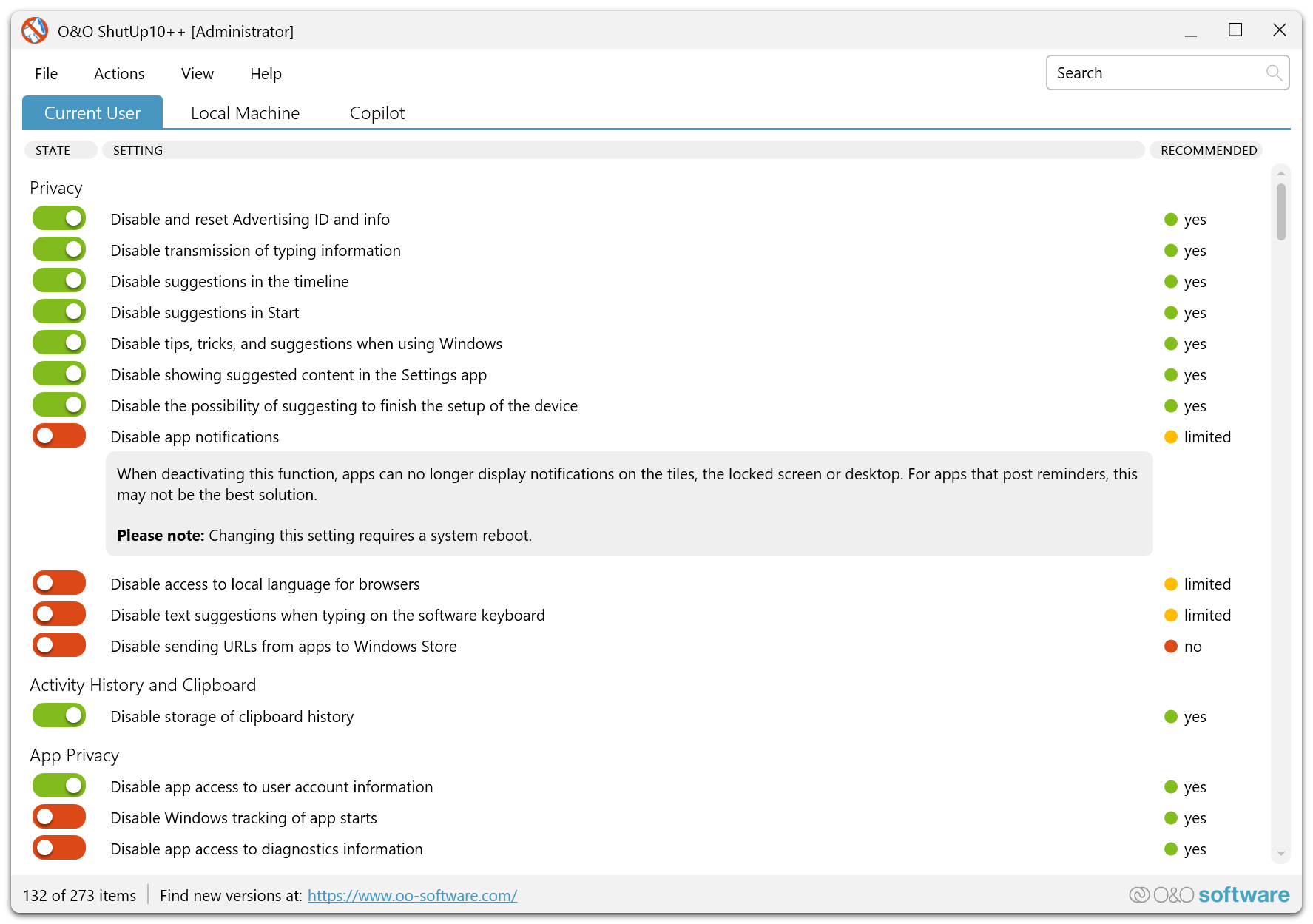 O&O ShutUp10++ setting detail and explanation panel