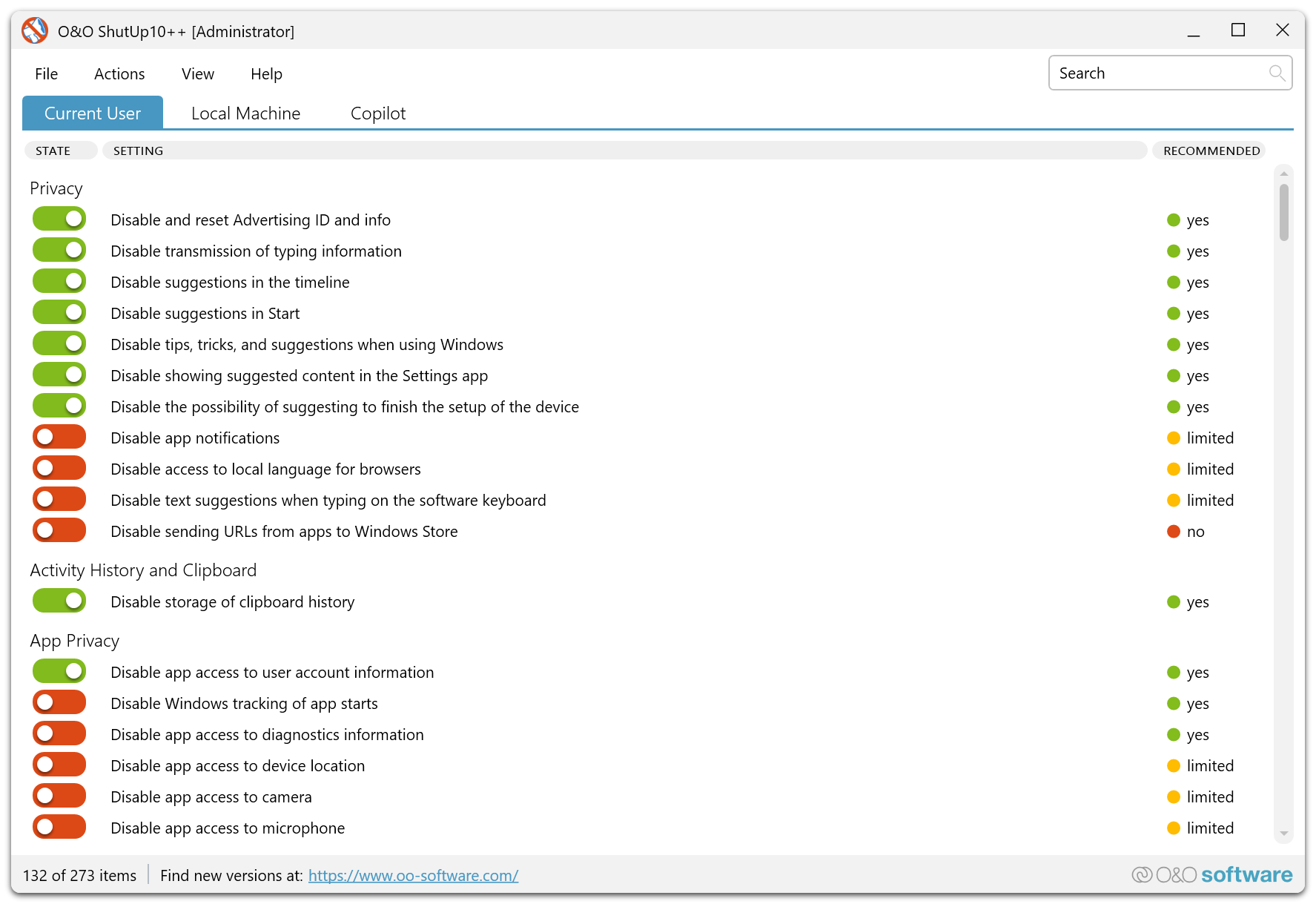 O&O ShutUp10++ main interface with privacy toggle switches