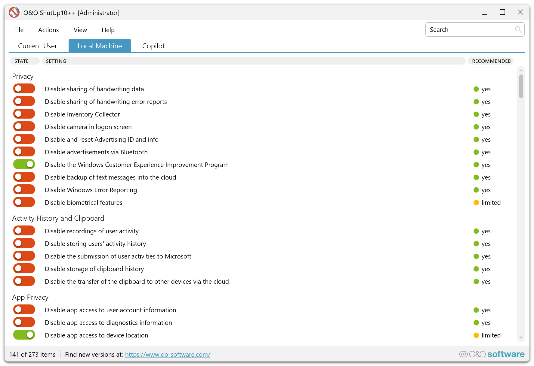 O&O ShutUp10++ local machine system-wide privacy settings