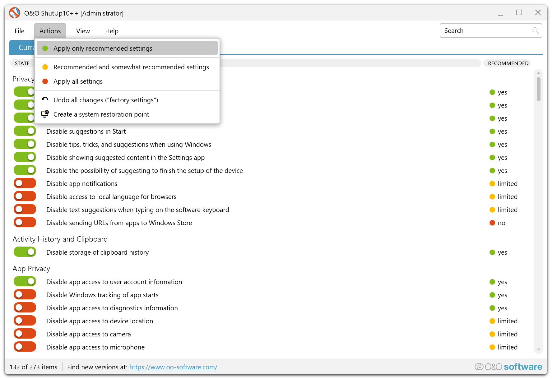 O&O ShutUp10++ recommended settings configuration view